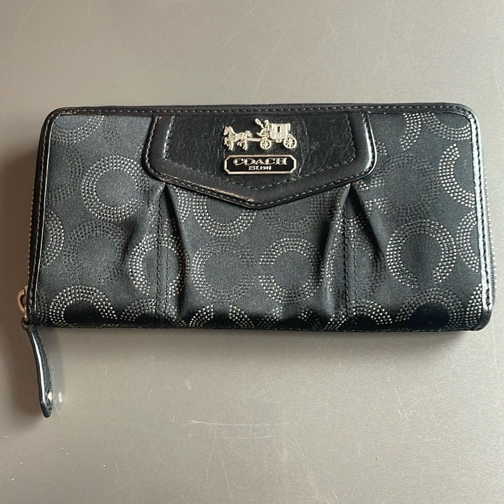 Coach zip wallet black canvas/leather with C stitching details in excellent cond